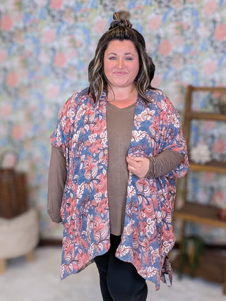 Paige Vintage Floral Kimono in Marsala, Mocha + Blue