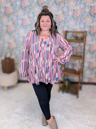 Bianca Tiered Long Sleeve Top in Faded Geometric