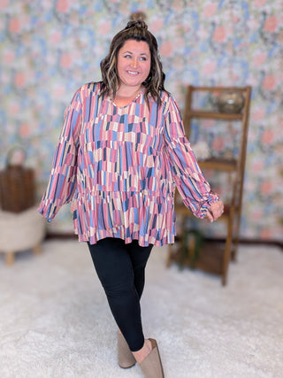 Bianca Tiered Long Sleeve Top in Faded Geometric