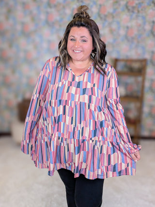 Bianca Tiered Long Sleeve Top in Faded Geometric