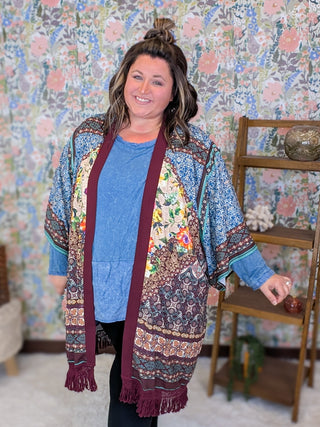 Jude Vintage Print Kimono w/Fringe in Wine Mix