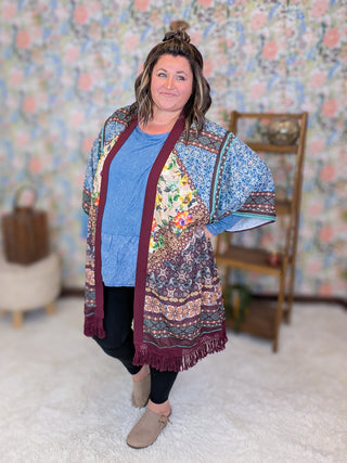 Jude Vintage Print Kimono w/Fringe in Wine Mix