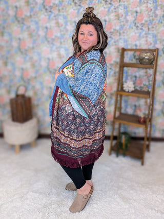 Jude Vintage Print Kimono w/Fringe in Wine Mix