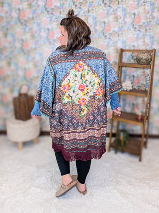 Jude Vintage Print Kimono w/Fringe in Wine Mix