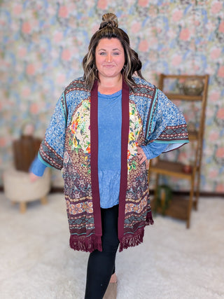 Jude Vintage Print Kimono w/Fringe in Wine Mix