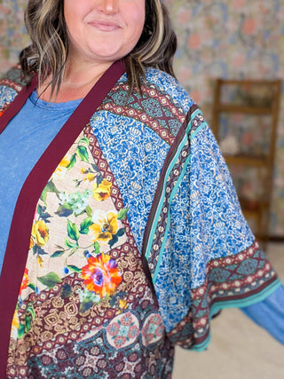Jude Vintage Print Kimono w/Fringe in Wine Mix