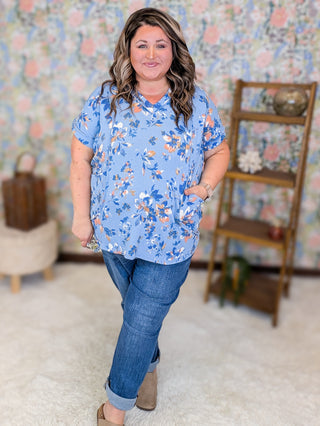 Yvonne Urban Ribbed Top in Floral on Denim Blue