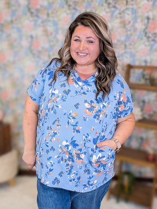 Yvonne Urban Ribbed Top in Floral on Denim Blue