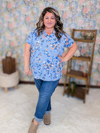 Yvonne Urban Ribbed Top in Floral on Denim Blue