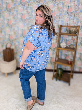 Yvonne Urban Ribbed Top in Floral on Denim Blue