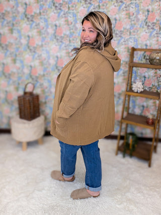 Tobi Hooded Sweater Cardigan in Soft Camel