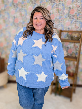 Bonnie Boho Inset Stars Sweater in Blue