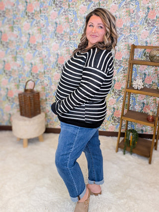 Drew Black + Ivory Striped French Terry Pullover