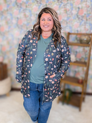 Cori Relaxed Cardigan w/Pockets in Charcoal Wildflower