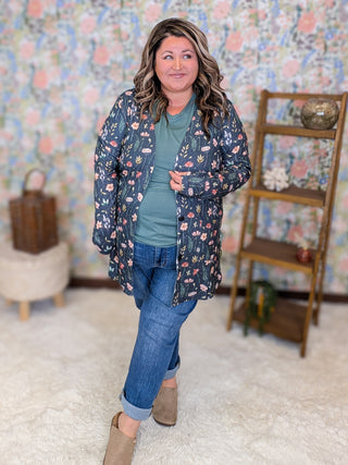 Cori Relaxed Cardigan w/Pockets in Charcoal Wildflower