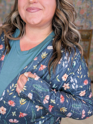 Cori Relaxed Cardigan w/Pockets in Charcoal Wildflower