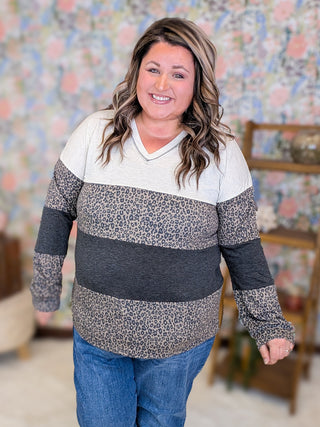 Desiree Gray + Leopard Vneck Long Sleeve Top