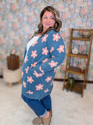 Isla Cozy Open Cardigan in Retro Denim Blue Floral