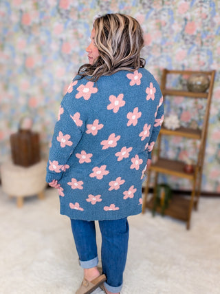 Isla Cozy Open Cardigan in Retro Denim Blue Floral