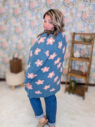 Isla Cozy Open Cardigan in Retro Denim Blue Floral