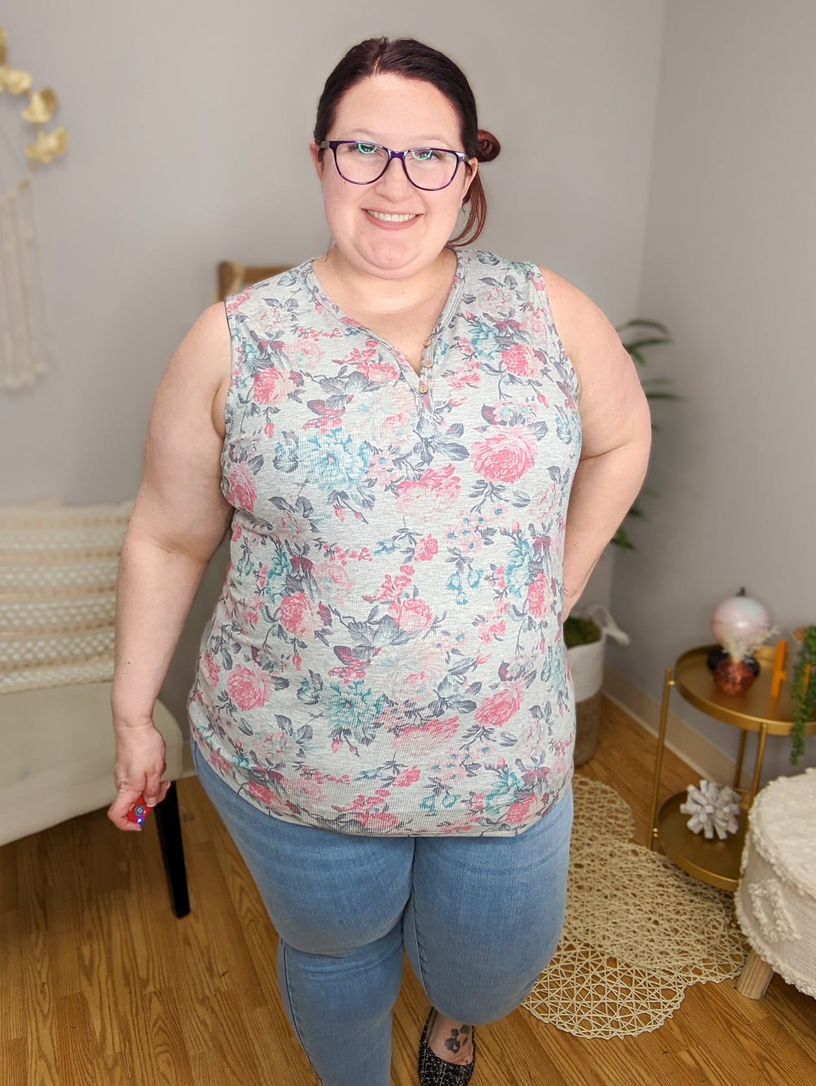 RIBBED BUTTONFRONT HENLEY TANK- PRINTS tank Michelle Mae 