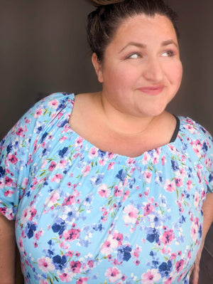 Caribbean Blue Floral Stretch Shoulder Top