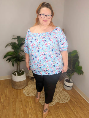 Caribbean Blue Floral Stretch Shoulder Top