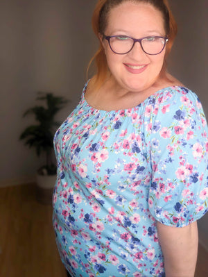 Caribbean Blue Floral Stretch Shoulder Top