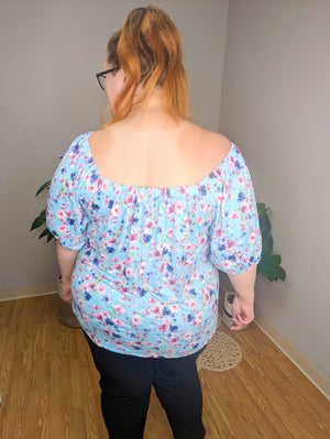 Caribbean Blue Floral Stretch Shoulder Top