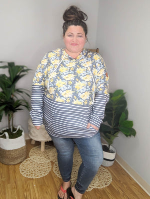 SALE- PHC- Gray + Yellow Floral Stripes Hoodie