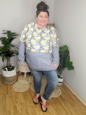 SALE- PHC- Gray + Yellow Floral Stripes Hoodie
