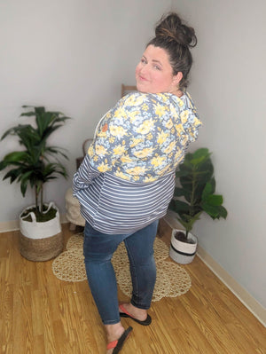 SALE- PHC- Gray + Yellow Floral Stripes Hoodie