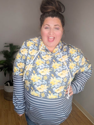 SALE- PHC- Gray + Yellow Floral Stripes Hoodie