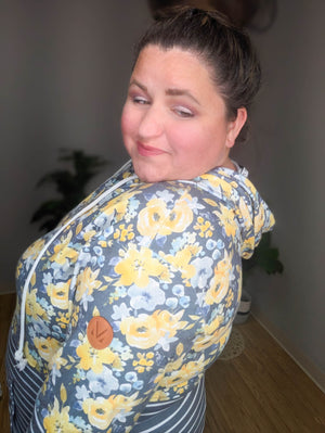 SALE- PHC- Gray + Yellow Floral Stripes Hoodie