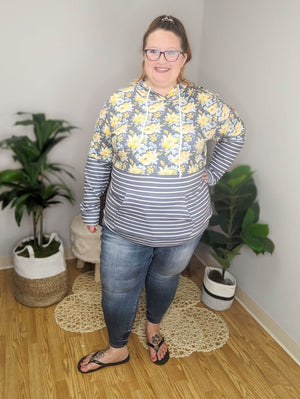 SALE- PHC- Gray + Yellow Floral Stripes Hoodie