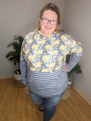 SALE- PHC- Gray + Yellow Floral Stripes Hoodie