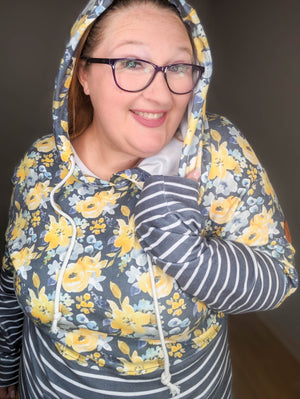 SALE- PHC- Gray + Yellow Floral Stripes Hoodie
