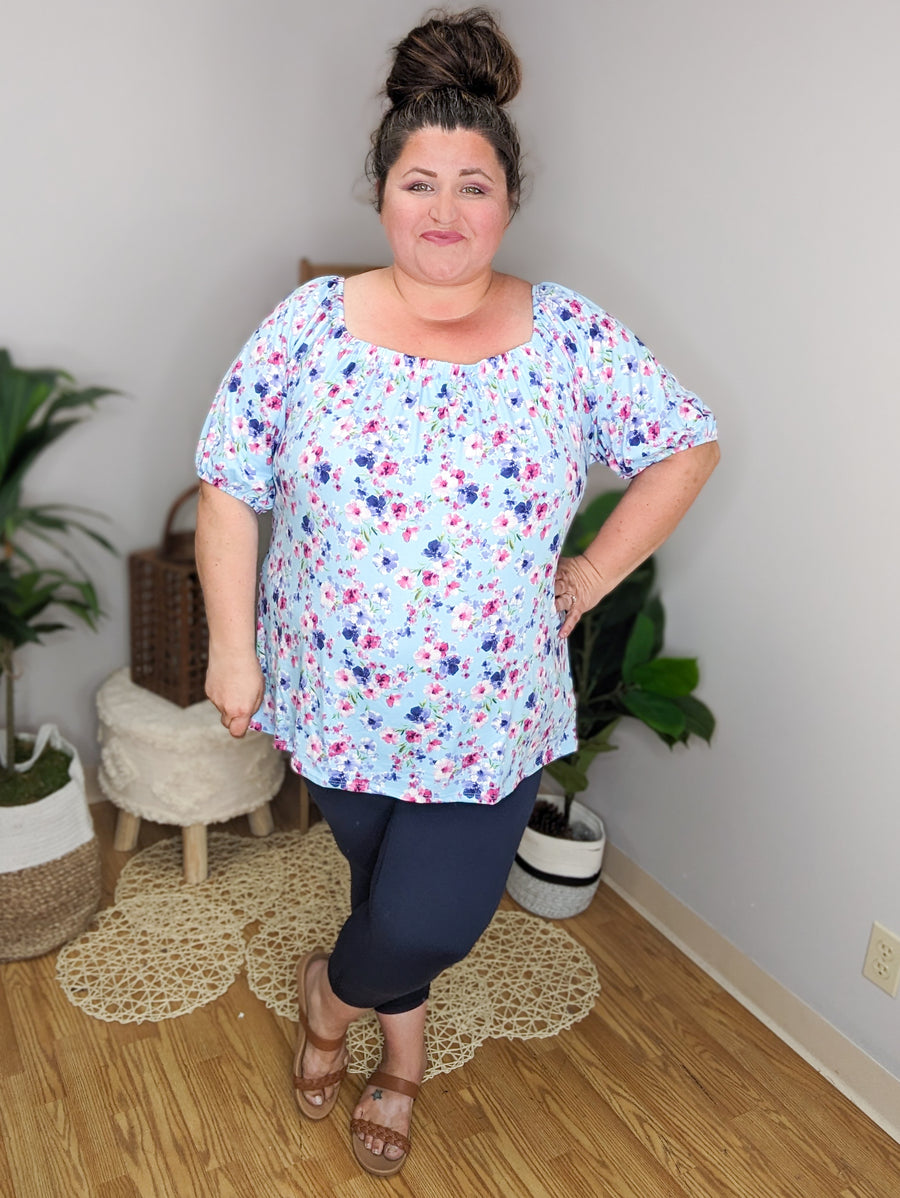 Caribbean Blue Floral Stretch Shoulder Top
