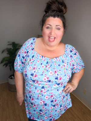 Caribbean Blue Floral Stretch Shoulder Top