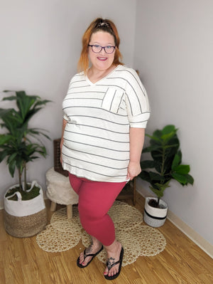 Cream Boyfriend PocketTee w/Black Stripes