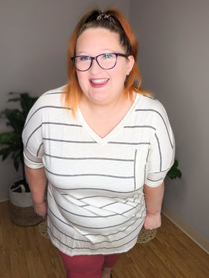 Cream Boyfriend PocketTee w/Black Stripes