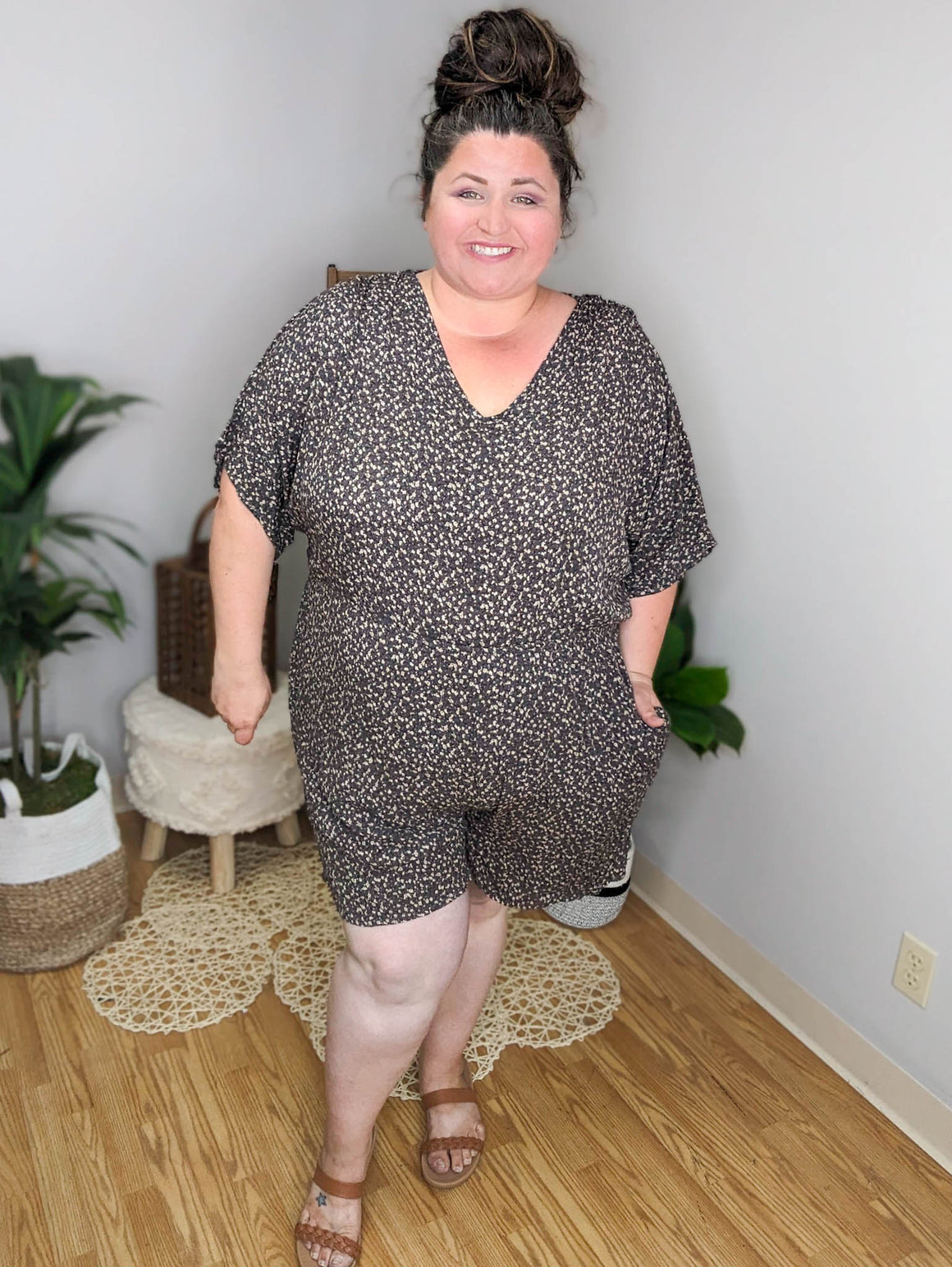 Midnight Blossom Floral Romper in Dark Gray