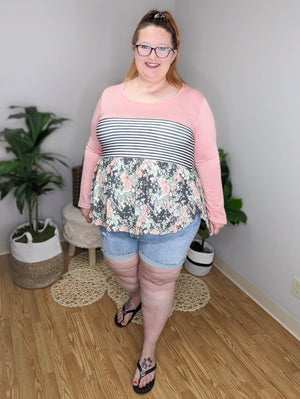 Mixed Striped And Floral Babydoll Top LONG SLEEVE TOPS BE STAGE 