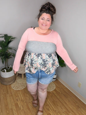 Mixed Striped And Floral Babydoll Top LONG SLEEVE TOPS BE STAGE 