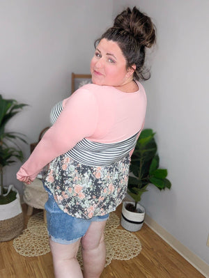Mixed Striped And Floral Babydoll Top LONG SLEEVE TOPS BE STAGE 