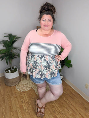 Mixed Striped And Floral Babydoll Top LONG SLEEVE TOPS BE STAGE 