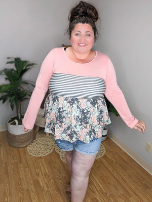 Mixed Striped And Floral Babydoll Top LONG SLEEVE TOPS BE STAGE 