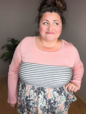 Mixed Striped And Floral Babydoll Top LONG SLEEVE TOPS BE STAGE 