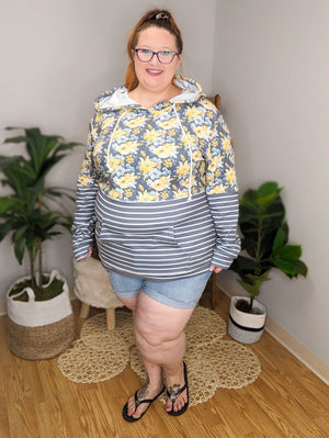 SALE- PHC- Gray + Yellow Floral Stripes Hoodie