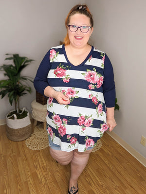 SALE- Nautical Blossom Stripe and Floral Raglan Top
